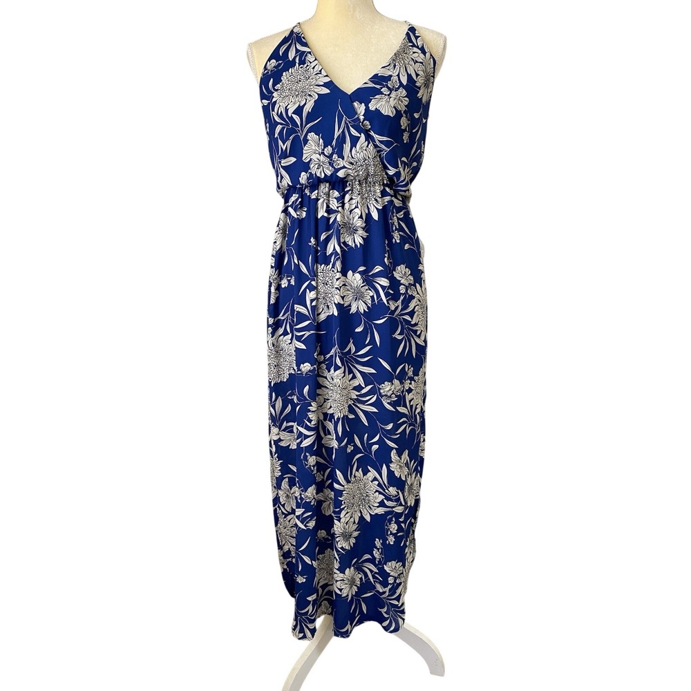 Lush Blue White Floral Maxi Dress S Sleeveless V-Neck Strappy Pullover